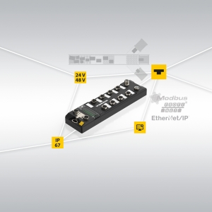 터크의 TBEN-LLx-4SLC는 제어 캐비닛 없이 분산형 컨베이어 기술을 사용하여 최대 4개의 분류 라인을 제어